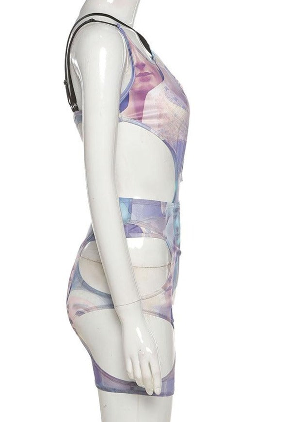 Print Cut Out Strap Bodysuit + Skirt Set