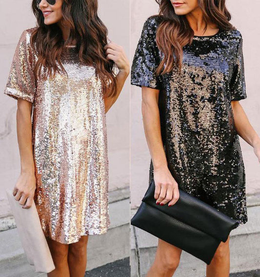 Sequin Short Sleeves Loose Dresses