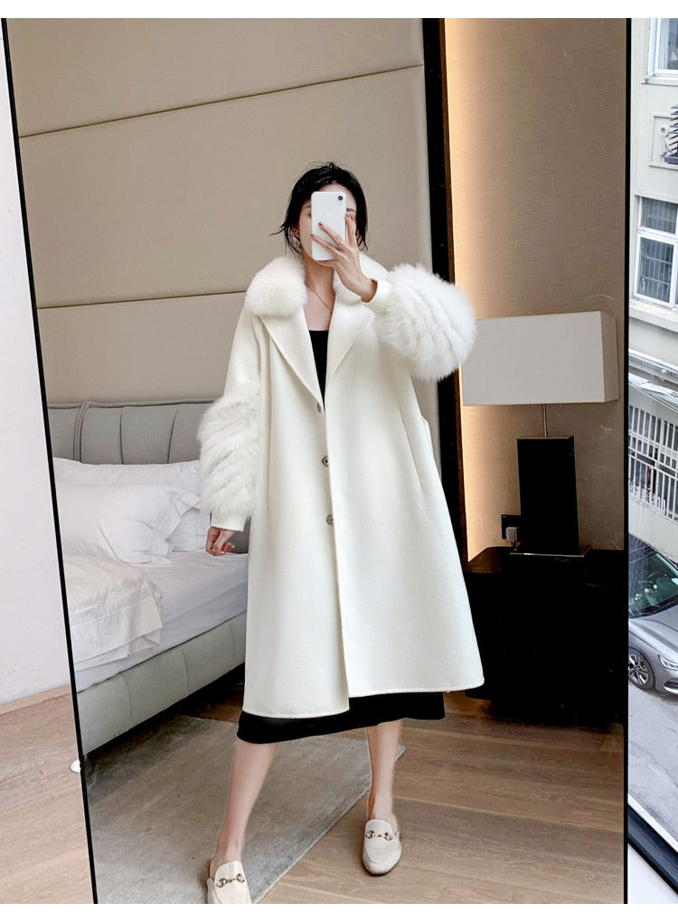 Plush Cashmere Long Coats Real Knitted Fur Collar & Long Cuffs