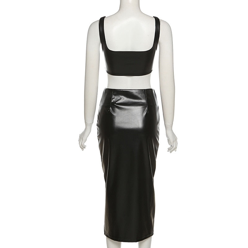 PU Leather Sleveeless Tank Crop & Skirts