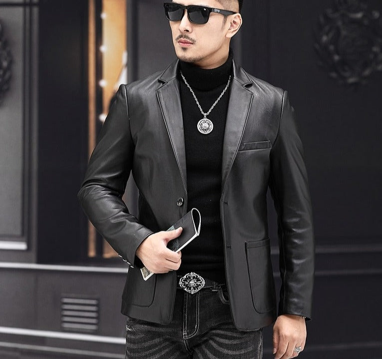 Black Genuine Leather Slim Blazer