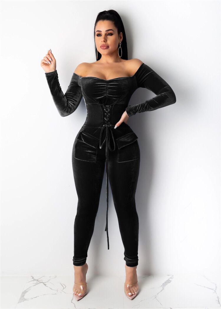 Velvet Off Shoulder Long Sleeve Jumpsuits