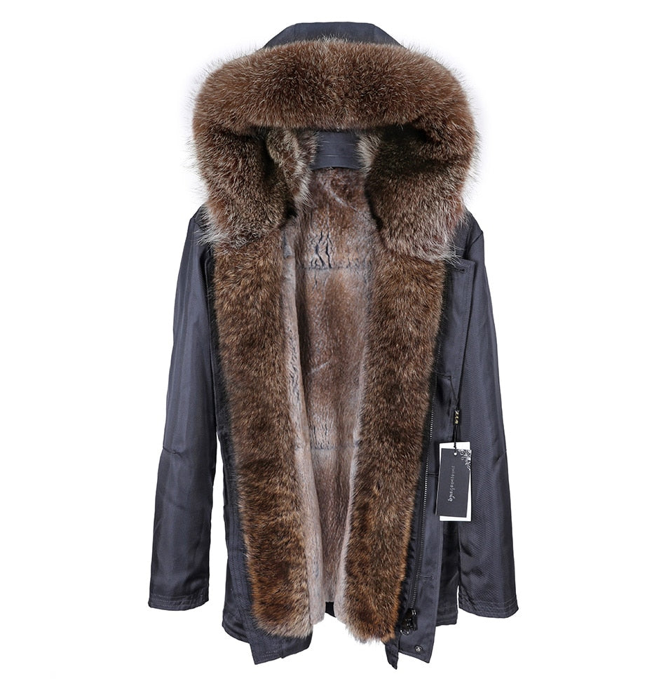 FRR The Kylie Rabbit Fur Jacket with Fox Collar in Brown at Fur Hat World