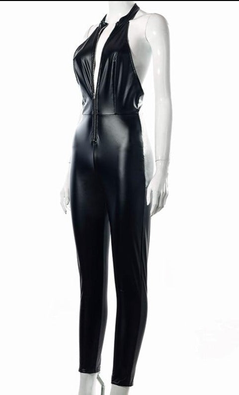 Black Pu Leather Halter Sleeveless Deep V Zipper Jumpsuit