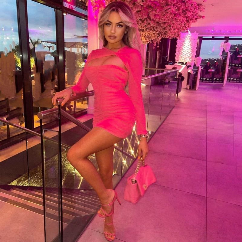 Pink Long Sleeve Hollow Ruched Mesh Mini Dress