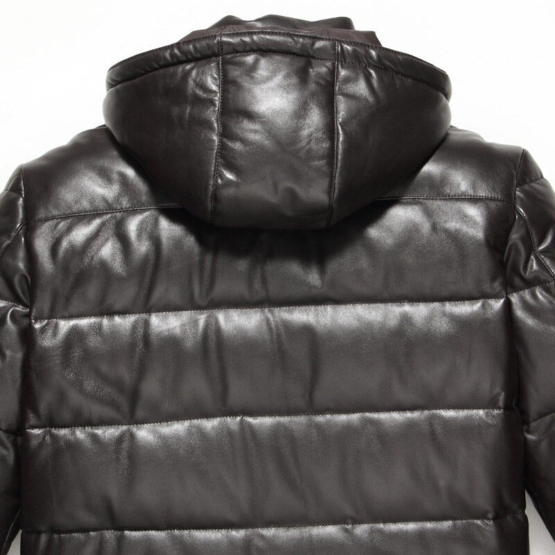 Genuine Leather Duck Down Hooded Coat