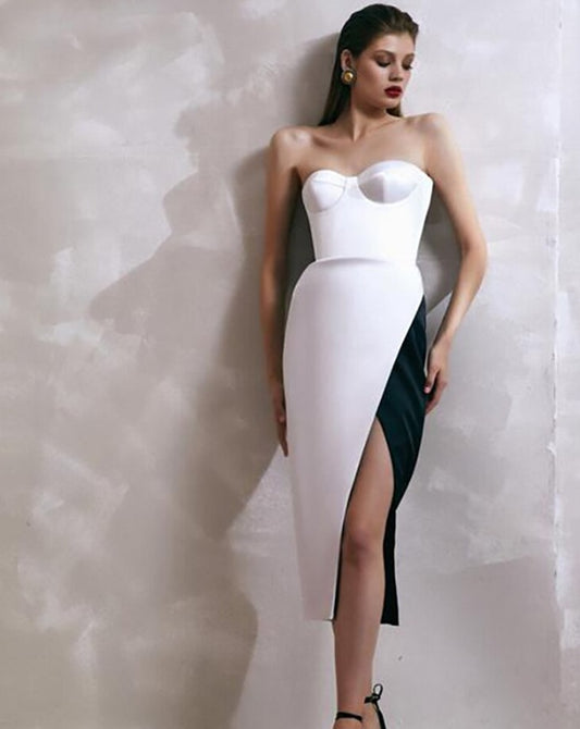 White & Black Sleeveless Mid-Calf Dress