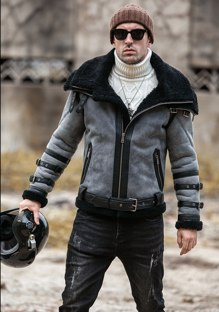 Genuine Leather Moto Jacket Double-Layer Collar