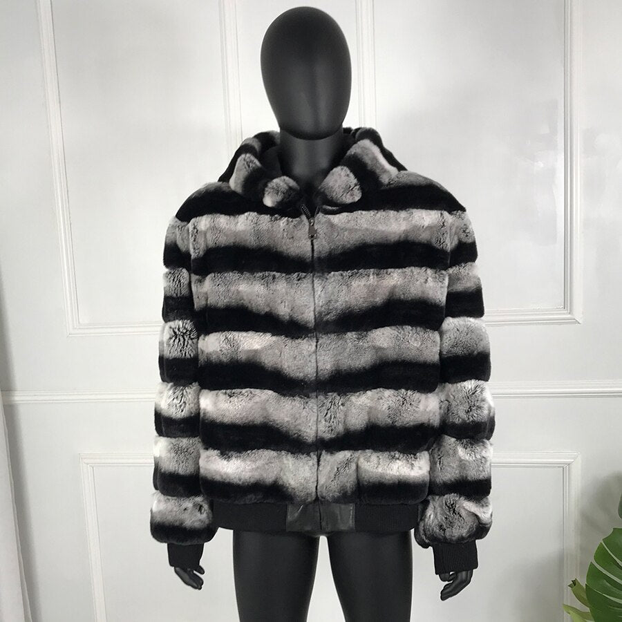 Hooded Real Rabbit Fur Bomber Chinchilla Style
