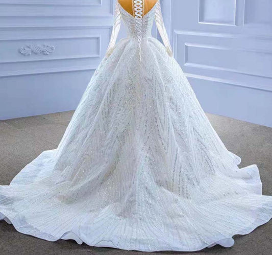 Luxury White Crystal Sequin Long Sleeves Lace Up Wedding Dress