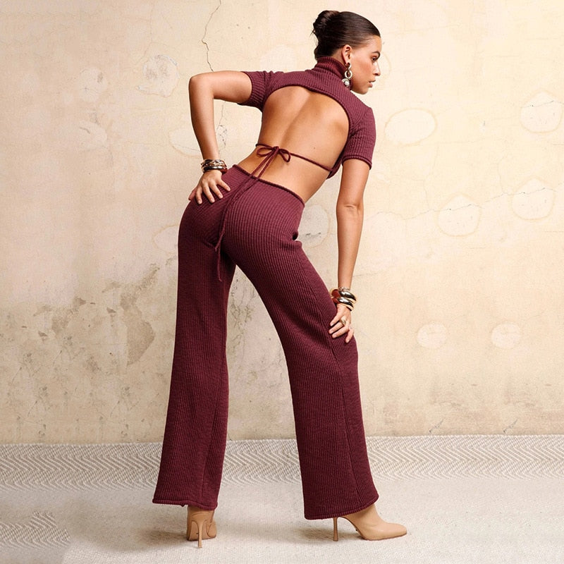 Backless Bandage Flare Legs Jumpsuits