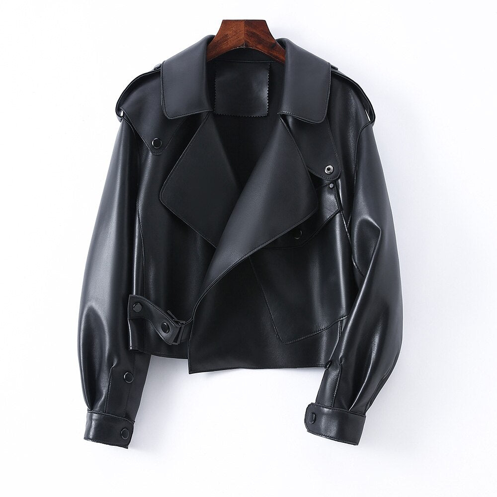 Genuine Leather Moto Jackets Classy Short Loose