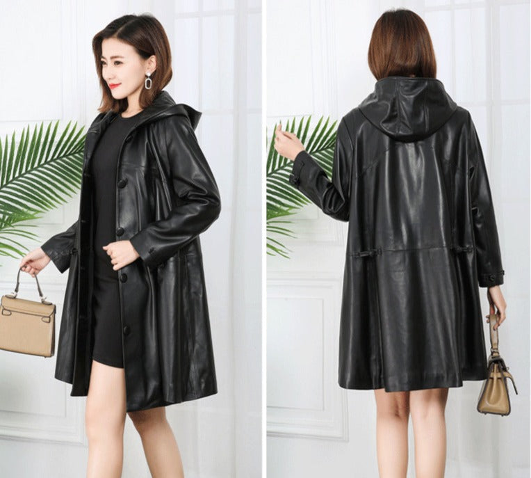 Genuine Leather Long Loose Hooded Jackets