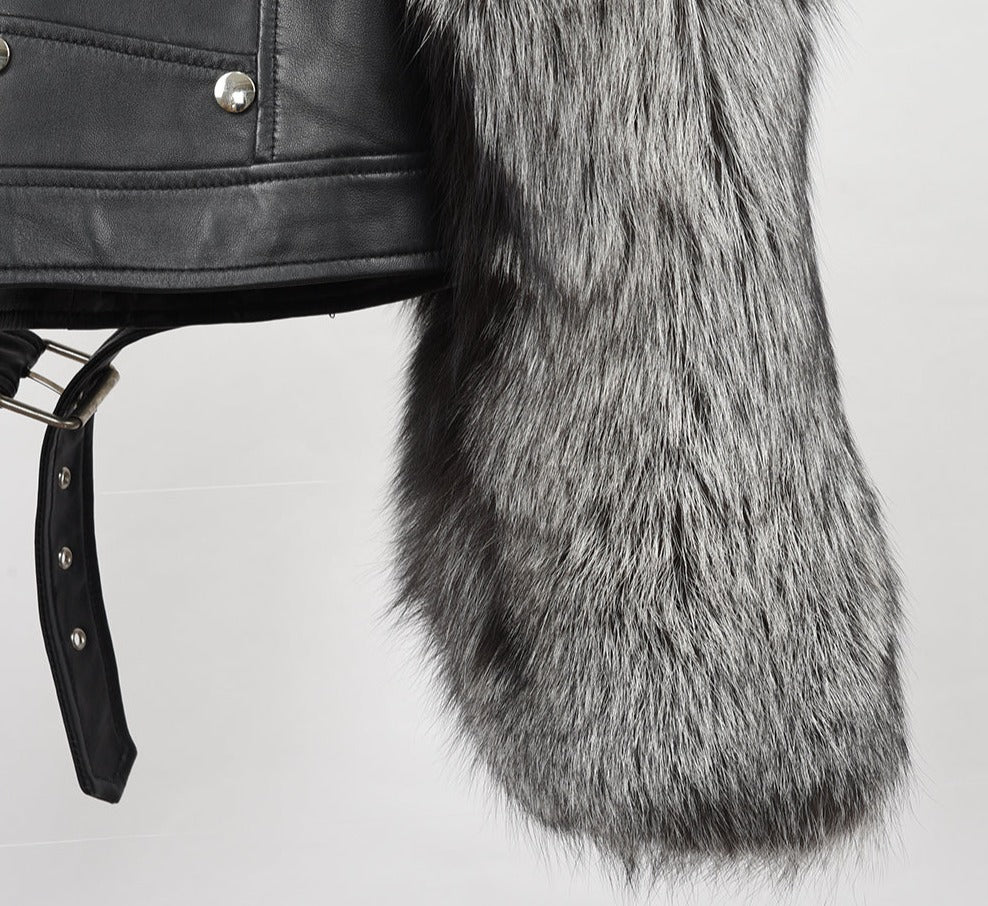 Genuine Leather Real Fox Fur Sleeves Moto Jackets