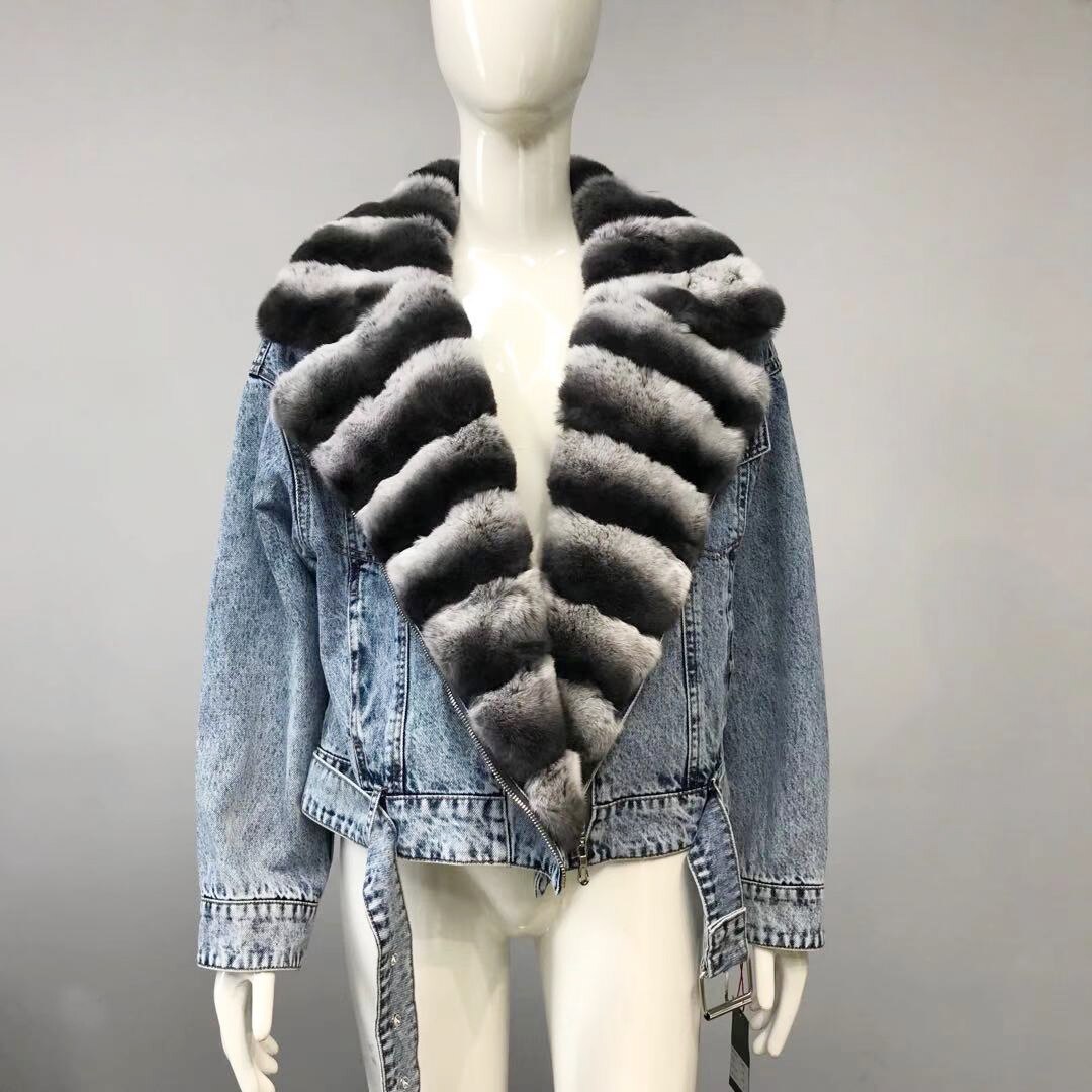 Denim Jackets Real Fur Collar Chinchilla Style