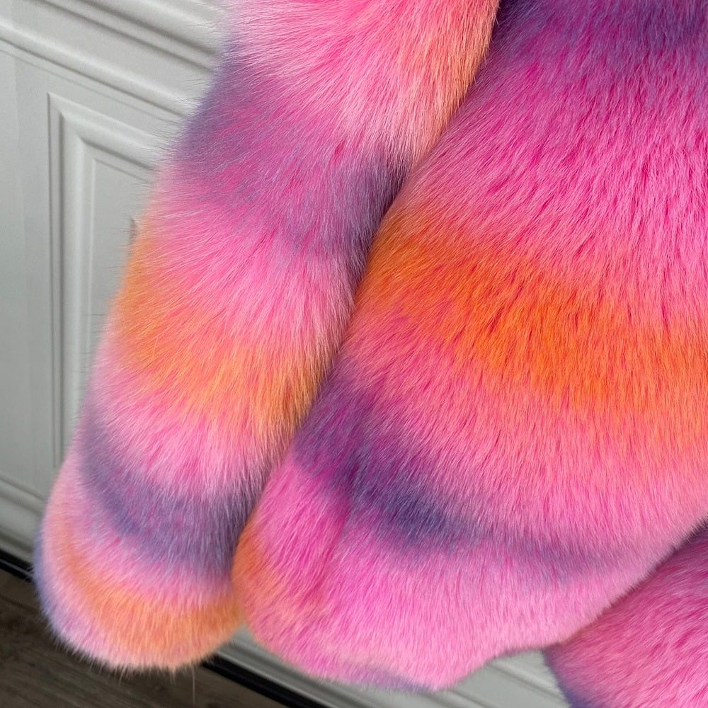 Pink Real Fox Fur Turn-Down Collar Bomber