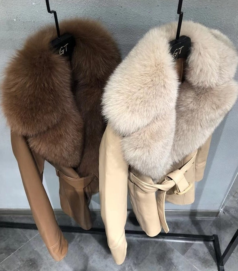 Genuine Leather Real Fox Fur Collar Reto Coats