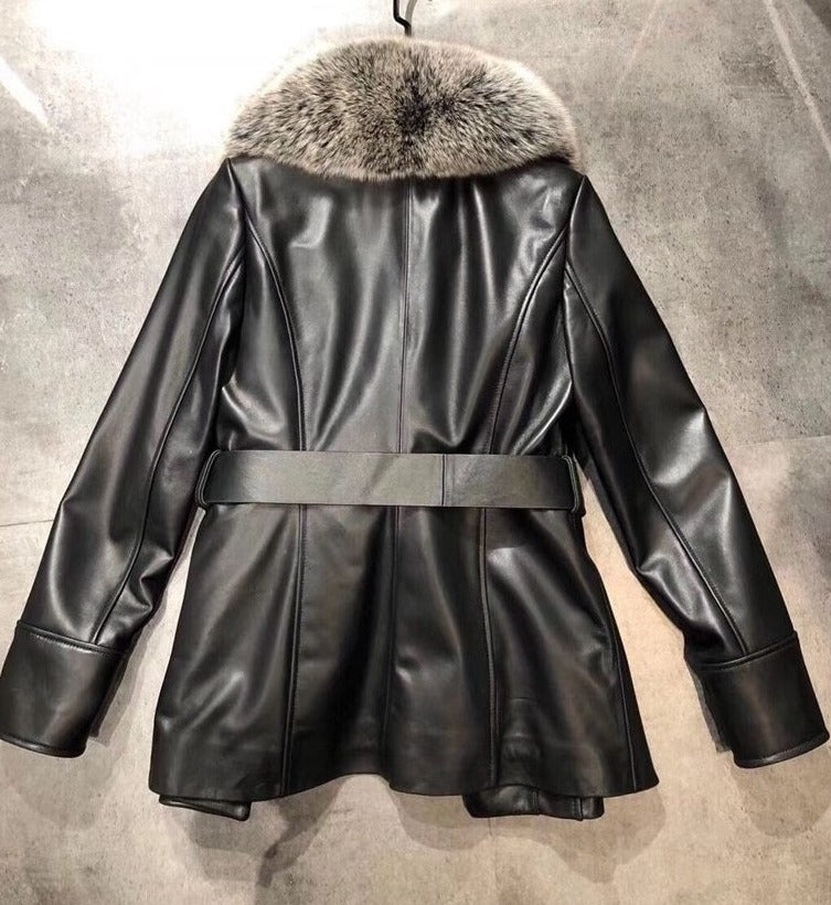 Genuine Leather Real Fox Fur Collar Reto Coats