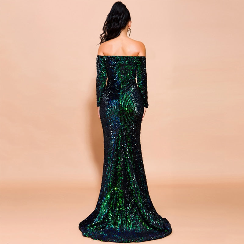 Off Shoulder Sequin Trumpet Maxi Dresses