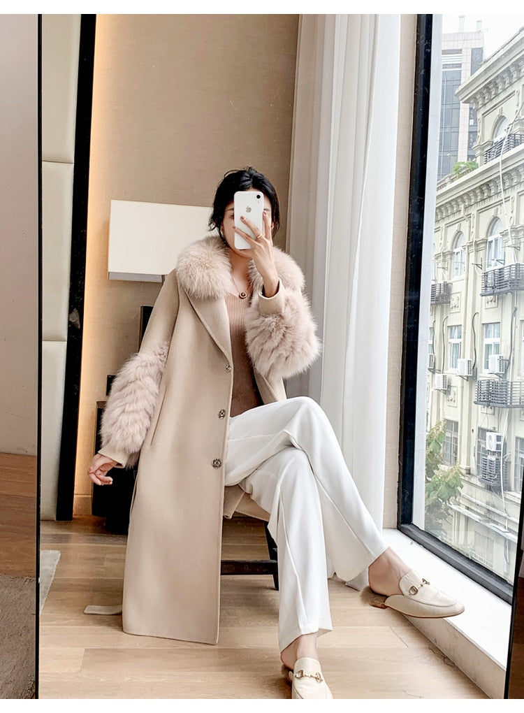 Plush Cashmere Long Coats Real Knitted Fur Collar & Long Cuffs