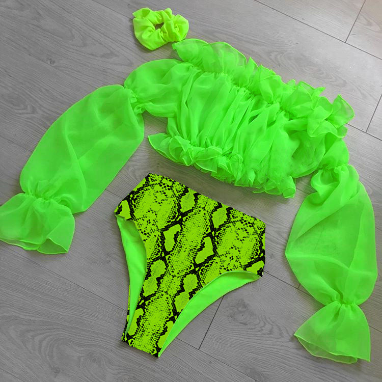 Mesh Ruffle Crop Top Padded High Waist Bikini Set