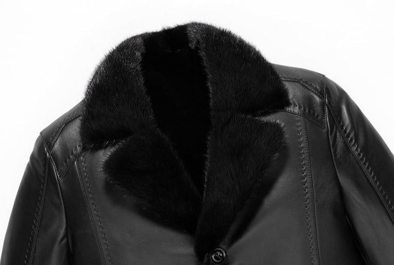 Genuine Leather Real Mink Fur Collar Shearling Lining Coat