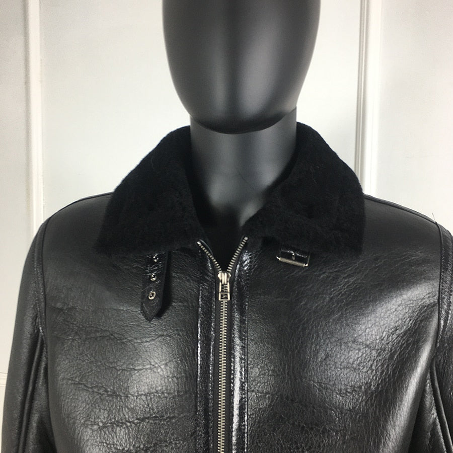 Genuine Leather Short Collar Real Fur Shearling Liner Coats