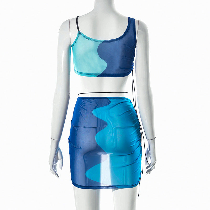 Color Mix Mesh Crop Top & Mini Skirts Sets
