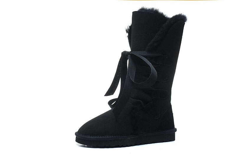 Genuine Leather Real Shearling Fur Long Lace High Boots