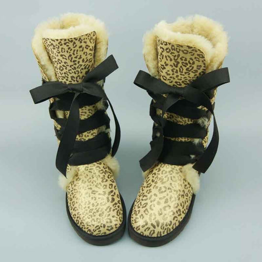 Leopard/Camo Print Genuine Leather Natural Wool Fur Lace Up Boots