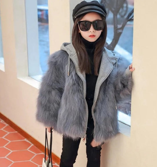 Kids Reversible Hooded Real Fur Coats
