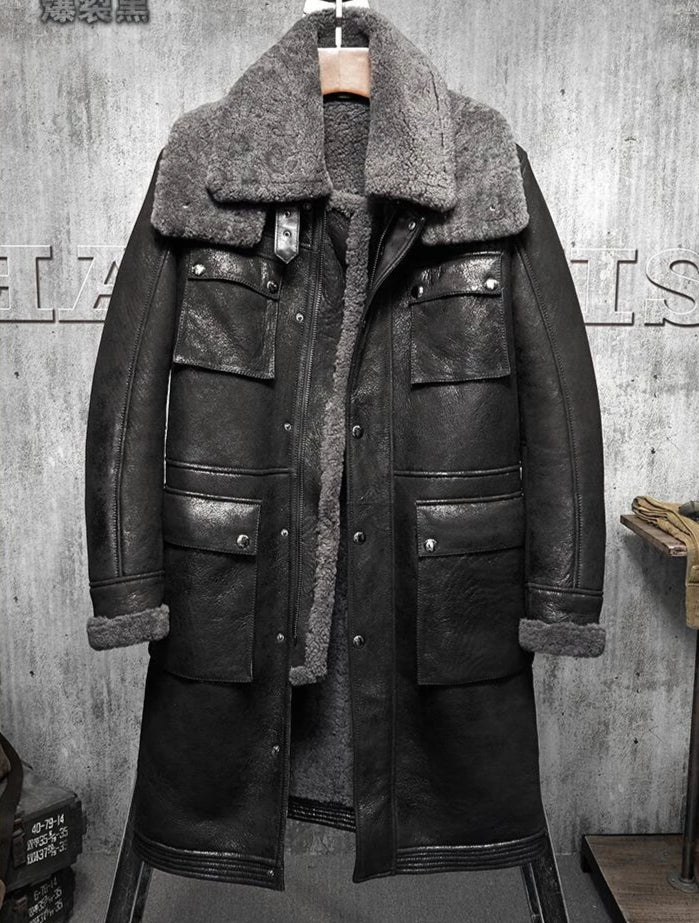 Genuine Leather Real Shearling Fur Lining/Trim Double Collar Mid Coats