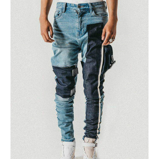 Mismatch Patchwork Distressed Cargo Straps Jeans