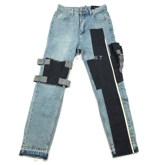 Mismatch Patchwork Distressed Cargo Straps Jeans
