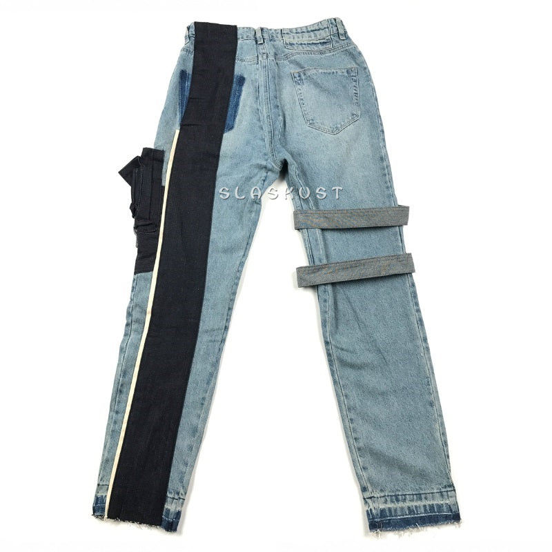 Mismatch Patchwork Distressed Cargo Straps Jeans