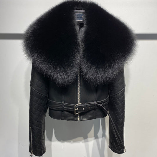 Genuine Leather Jacket Huge Fur Collar
