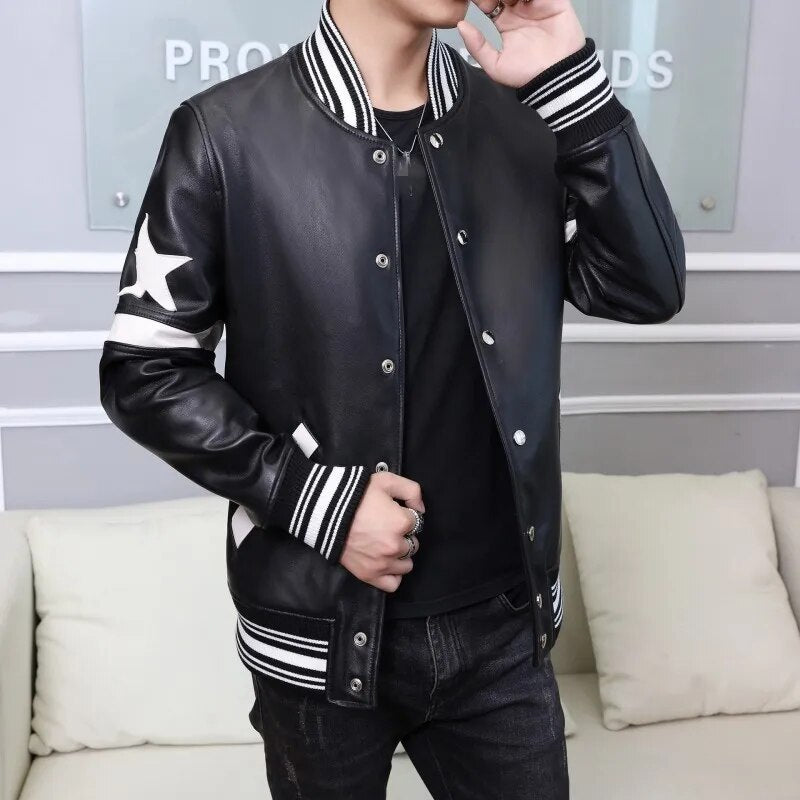 Genuine Leather Jacket Stand Collar Star Sleeve
