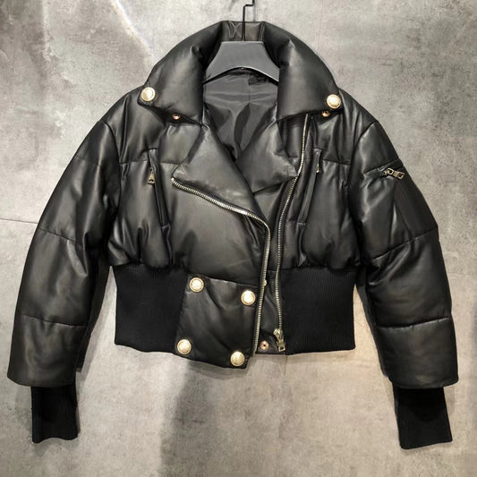 Genuine Leather Down Crop Bomber