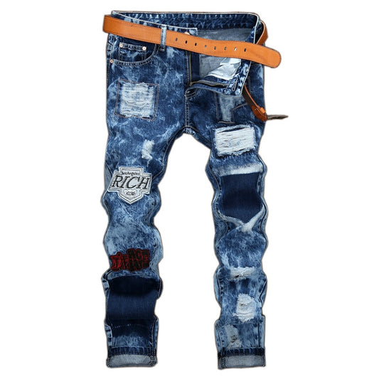 Blue Snow Wash Distressed Embroidery Patchwork Denim Jeans