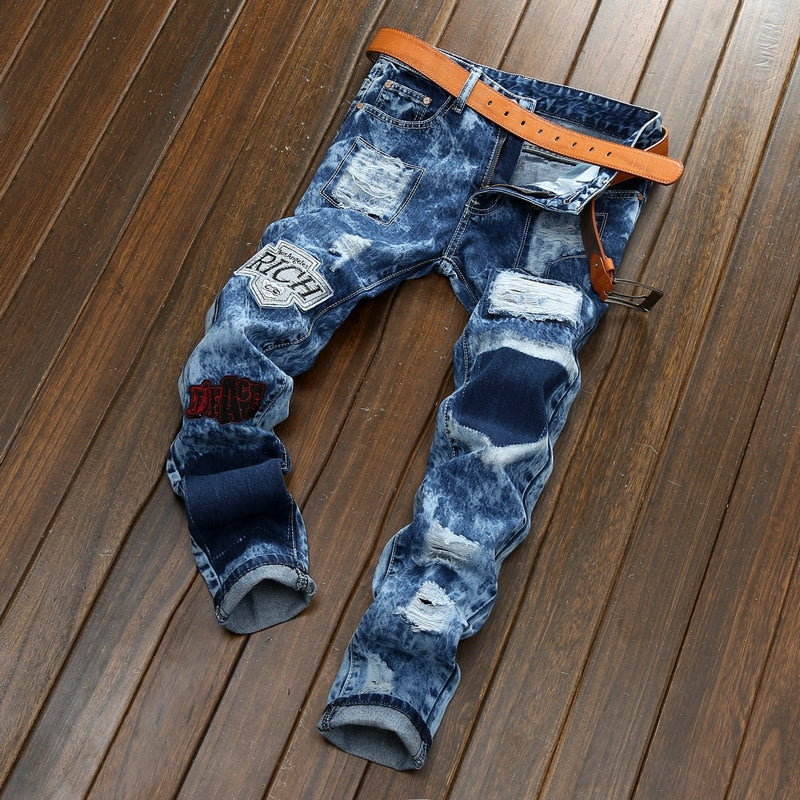 Blue Snow Wash Distressed Embroidery Patchwork Denim Jeans