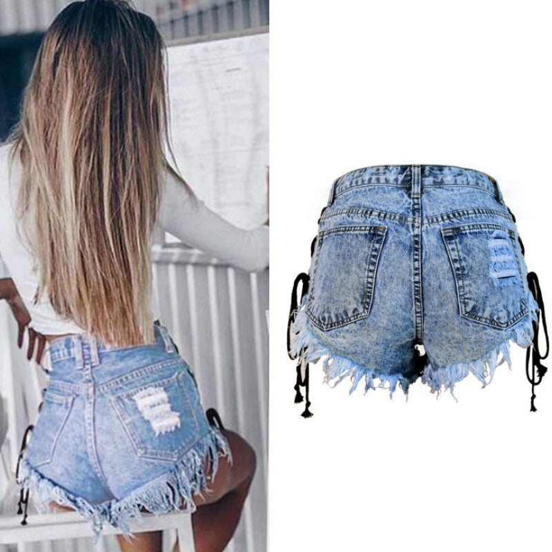 Snowflake High waist Side Tie up Denim Shorts