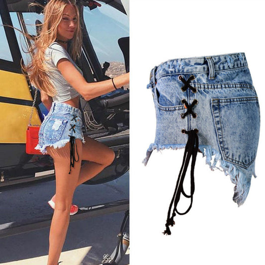 Snowflake High waist Side Tie up Denim Shorts