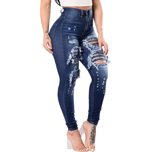 High Waist Slim Washed Ripped Hole Gradient Jeans