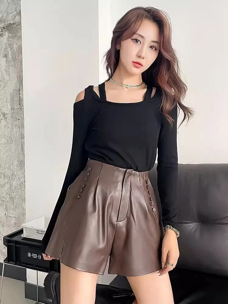 Genuine Leather Shorts High Waist