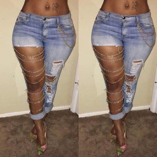 Destroyed Full Leg Ripped Chain Boyfriend Jeans