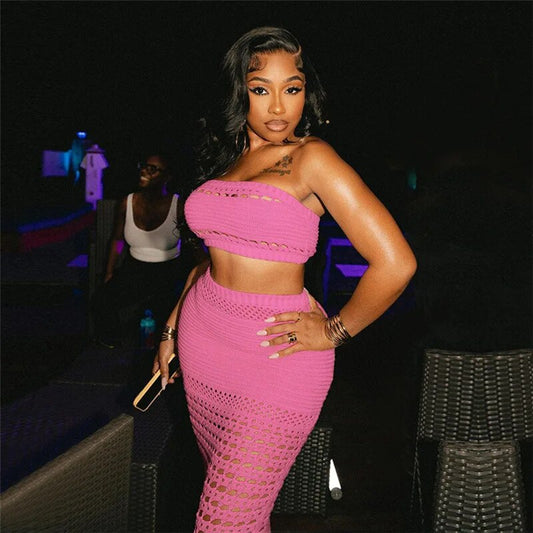 Hollow Knitted Crops & High Waist Midi Skirts Sets