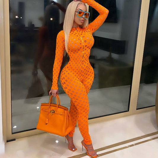 Full Hollow Holes Long Sleeve Jumpsuits