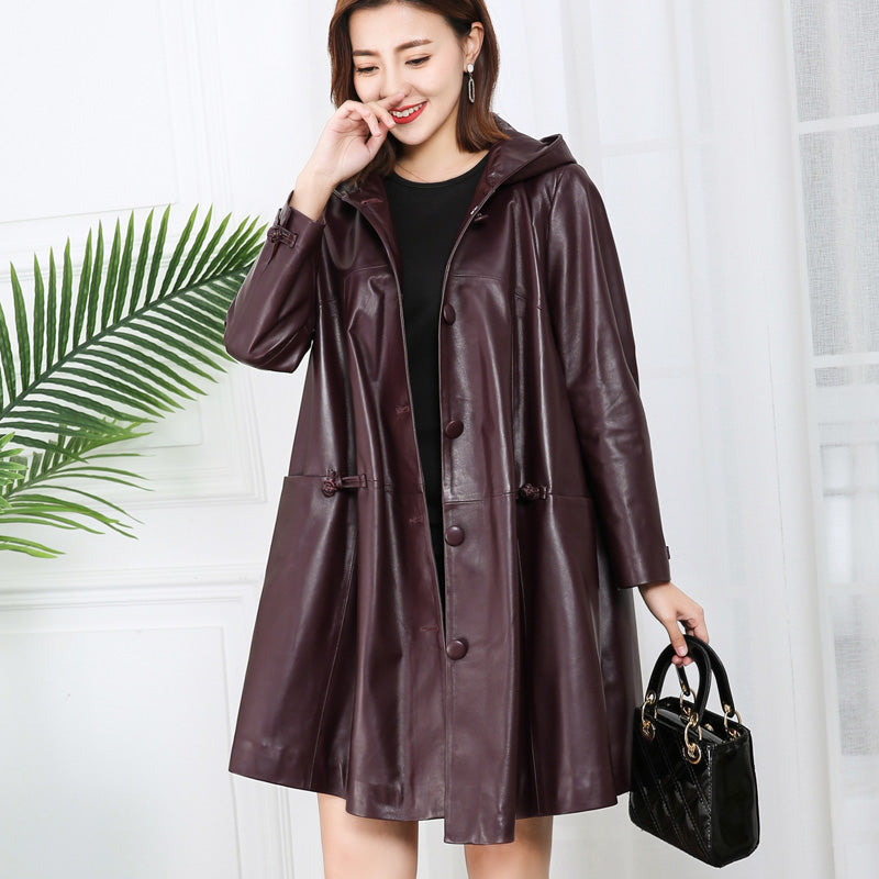 Genuine Leather Long Loose Hooded Jackets