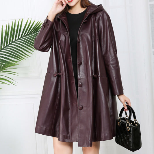 Genuine Leather Long Loose Hooded Jackets