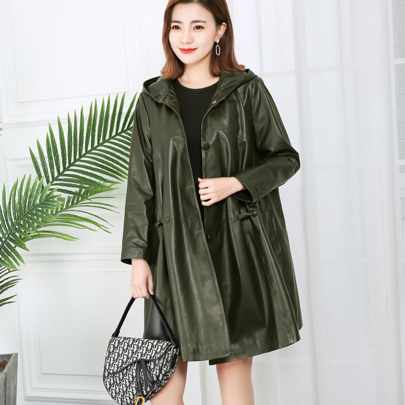 Genuine Leather Long Loose Hooded Jackets